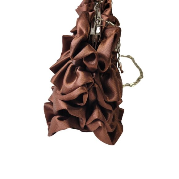 Chocolate Brown Satin Ruffle Evening Clutch Purse - Picture 5 of 8